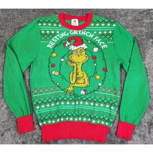 The Grinch Sweater Mens L Green Resting Grinch Face Christmas Pullover Graphic